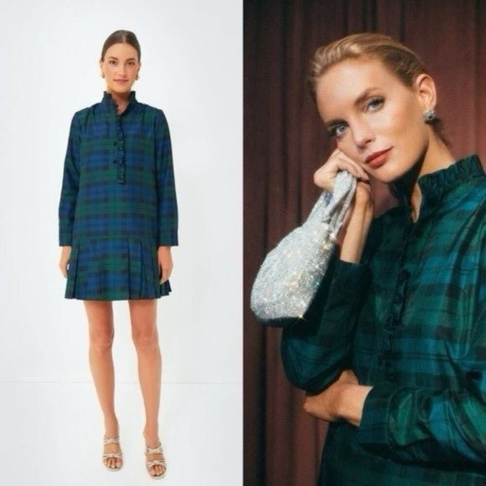 NWT Tuckernuck Tate Dress Women’s Blackwatch Plaid Preppy High Neck Ruffle XXL